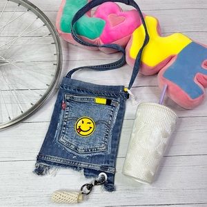 Handmade Denim Crossbody Bag Levi’s Smiley Face Crochet Lip Balm Holder